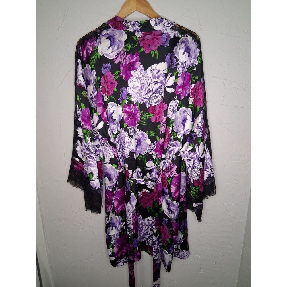 Victoria's Secret Floral Satin Kimono Robe XL/XXL Black Purple Lace Trim Feminin - Picture 7 of 7